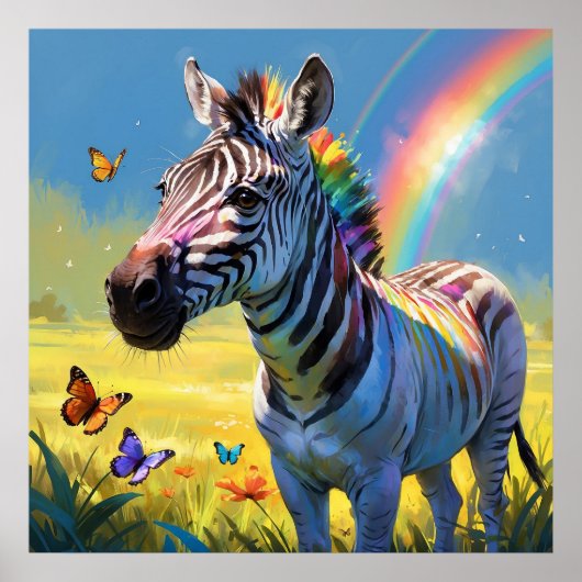 Kleurrijke Regenboog Zebra met Vlinders Schilderen Poster (Voorkant)