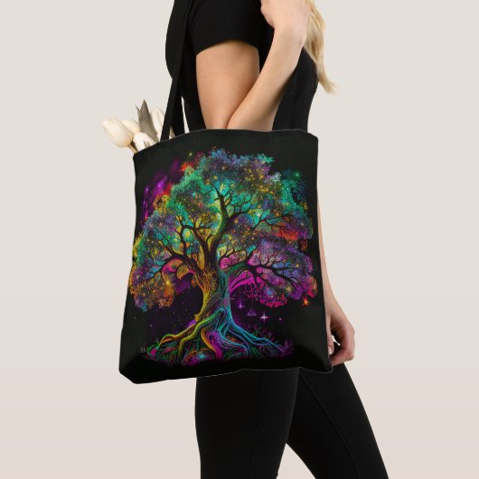 Kleurrijke regenboogbomen Vuurwerken Modern Kunstw Tote Bag (Dichtbij)