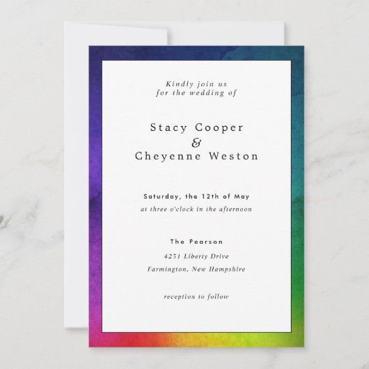 Kleurrijke regenboogbruiloft Uitnodiging wit (Voorkant)