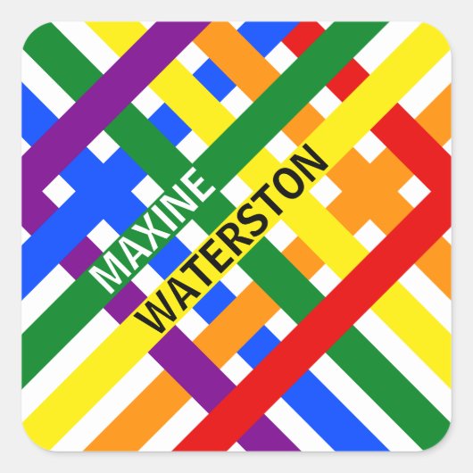 Kleurrijke regenboogdiagonaal Stripes Naam Sjabloo Vierkante Sticker (Voorkant)
