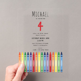 Kleurrijke Regenboogkrijtjes Kinderen Verjaardagsf Acryl Uitnodigingen