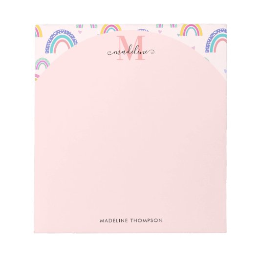 Kleurrijke regenboogkunst Girly Pink Monogram Notitieblok (Voorkant)
