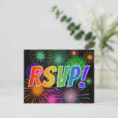 Kleurrijke regenboogletters "RSVP!", vuurwerkpatro Briefkaart (Staand voorkant)