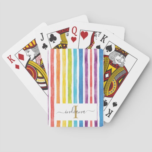Kleurrijke regenboogmonogram Naam Waterverf Stripe Pokerkaarten (Achterkant)