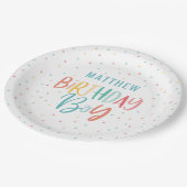 Kleurrijke regenboogpolika verjaarmeisje papieren bordje (Gekanteld)