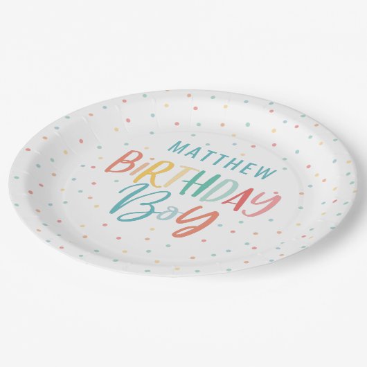 Kleurrijke regenboogpolika verjaarmeisje papieren bordje (Gekanteld)