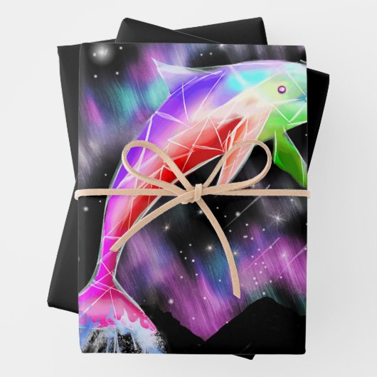 kleurrijke regenboogroze dolfijn oceaangalaxruimte inpakpapier vel (In situ)