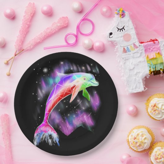 kleurrijke regenboogroze dolfijn oceaangalaxruimte papieren bordje (Feest)