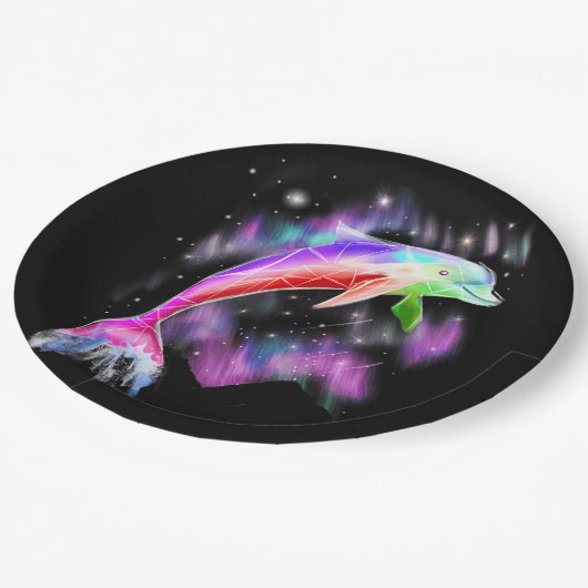 kleurrijke regenboogroze dolfijn oceaangalaxruimte papieren bordje (Gekanteld)