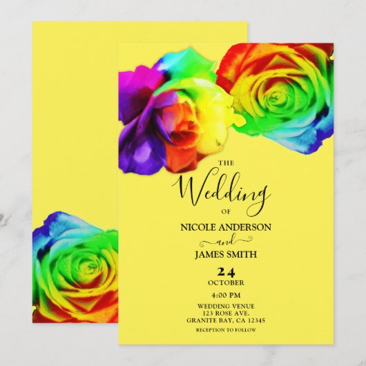 Kleurrijke regenboogRozen Bold Floral Wedding Kaart (Voorkant / Achterkant)