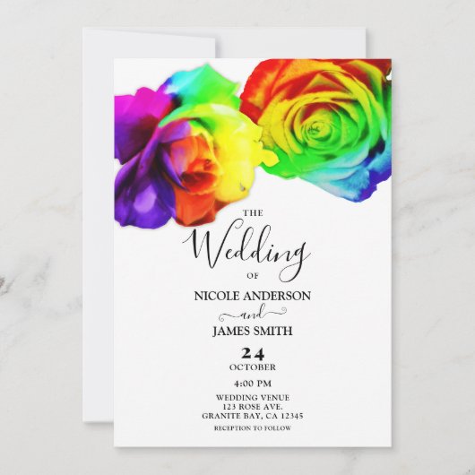 Kleurrijke regenboogRozen Bold Floral White Weddin Kaart (Voorkant)