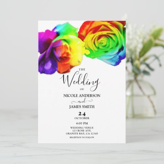 Kleurrijke regenboogRozen Bold Floral White Weddin Kaart (Staand voorkant)