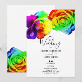 Kleurrijke regenboogRozen Bold Floral White Weddin Kaart