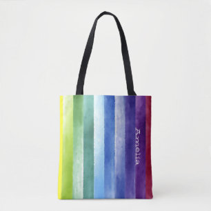 Kleurrijke regenboogstrepen met naam tote bag