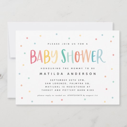 Kleurrijke regenboogstripe en puntige baby shower (Voorkant)