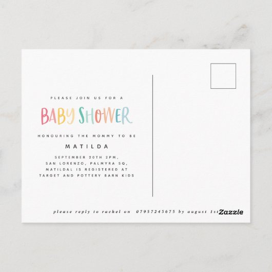 Kleurrijke regenboogstripe en puntige baby shower briefkaart (Achterkant)