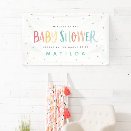 Kleurrijke regenboogstripe en puntige baby shower spandoek (Insitu)