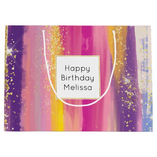 Kleurrijke regenboogstrips met Faux Gold Glitter Groot Cadeauzakje (Voorkant)