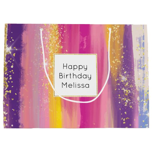 Kleurrijke regenboogstrips met Faux Gold Glitter Groot Cadeauzakje (Achterkant)