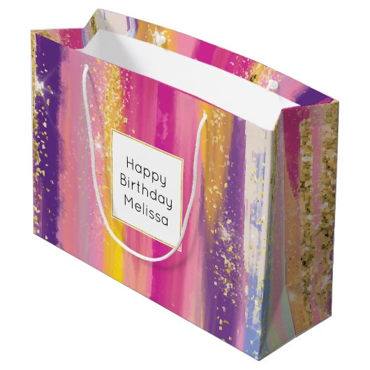 Kleurrijke regenboogstrips met Faux Gold Glitter Groot Cadeauzakje (Achterkant Gekanteld)