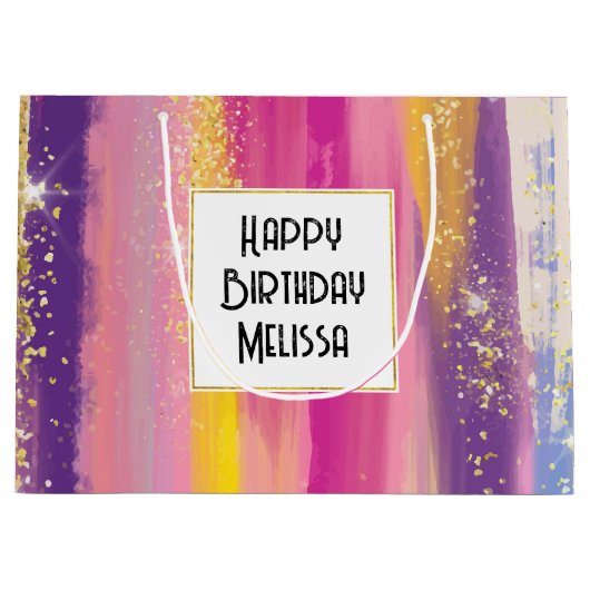 Kleurrijke regenboogstrips met Faux Gold Glitter Groot Cadeauzakje (Voorkant)