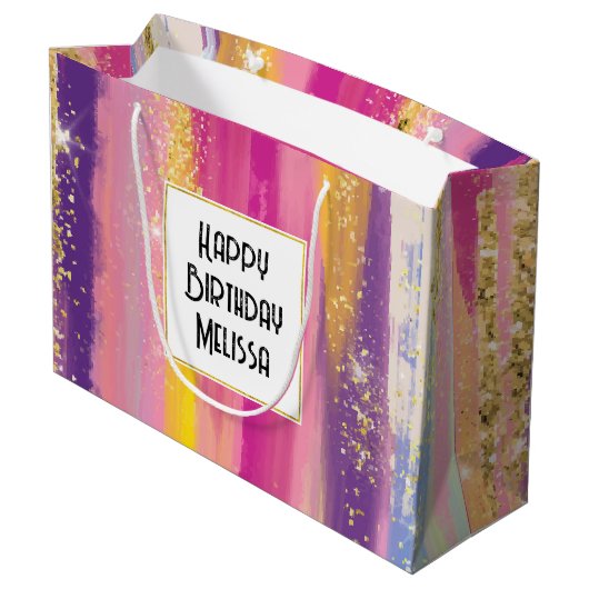 Kleurrijke regenboogstrips met Faux Gold Glitter Groot Cadeauzakje (Achterkant Gekanteld)