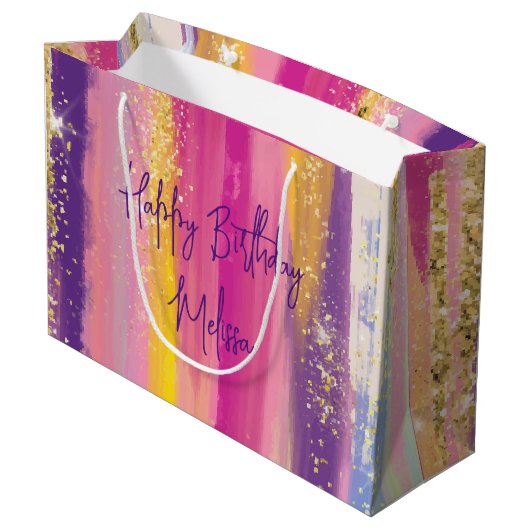 Kleurrijke regenboogstrips met Faux Gold Glitter Groot Cadeauzakje (Achterkant Gekanteld)