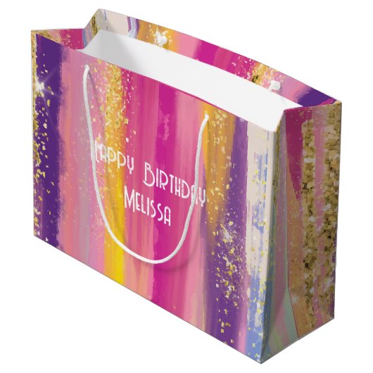 Kleurrijke regenboogstrips met Faux Gold Glitter Groot Cadeauzakje (Achterkant Gekanteld)