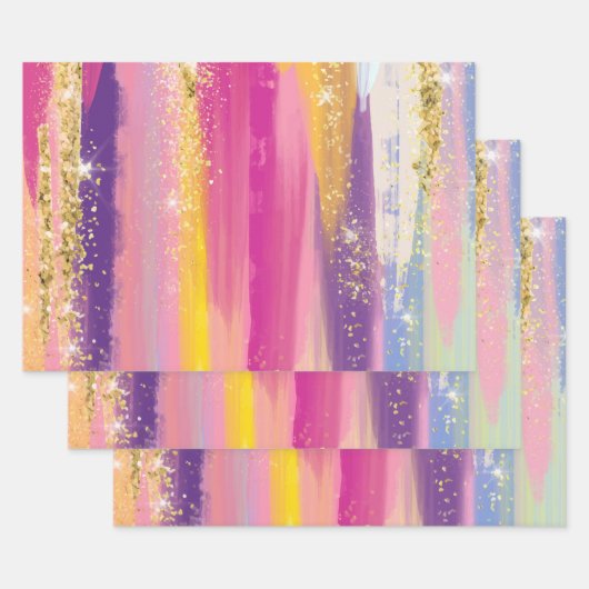 Kleurrijke regenboogstrips met Faux Gold Glitter Inpakpapier Vel (Set)