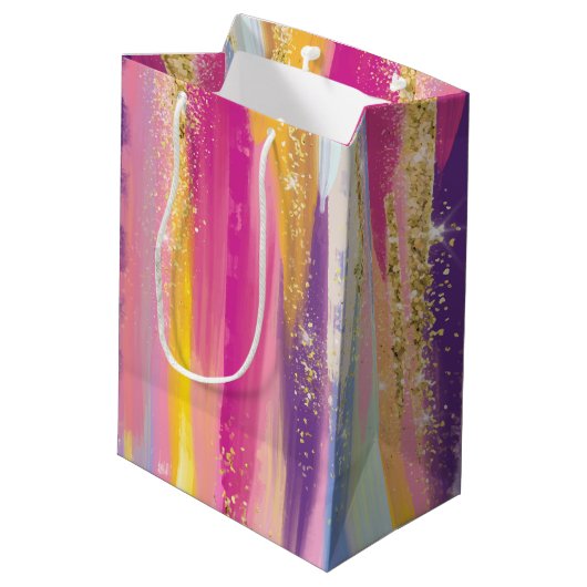 Kleurrijke regenboogstrips met Faux Gold Glitter Medium Cadeauzakje (Achterkant Gekanteld)