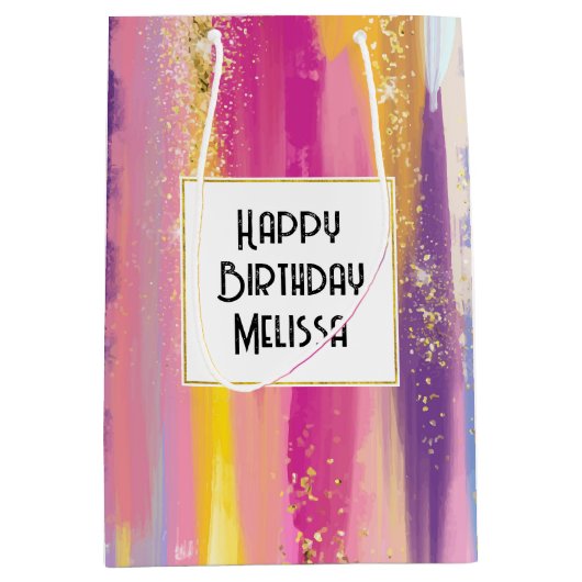 Kleurrijke regenboogstrips met Faux Gold Glitter Medium Cadeauzakje (Voorkant)