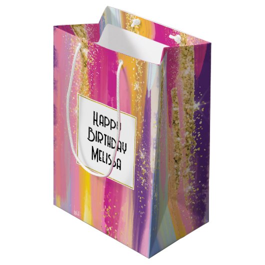 Kleurrijke regenboogstrips met Faux Gold Glitter Medium Cadeauzakje (Voorkant Gekanteld)