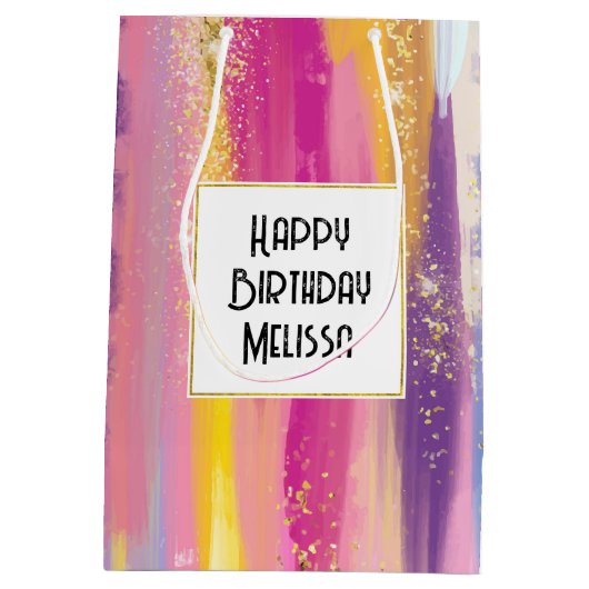 Kleurrijke regenboogstrips met Faux Gold Glitter Medium Cadeauzakje (Achterkant)