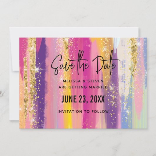 Kleurrijke regenboogstrips met Faux Gold Glitter Save The Date (Voorkant)