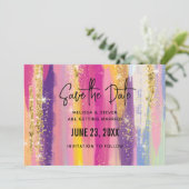 Kleurrijke regenboogstrips met Faux Gold Glitter Save The Date (Staand voorkant)