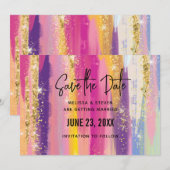 Kleurrijke regenboogstrips met Faux Gold Glitter Save The Date (Voorkant / Achterkant)
