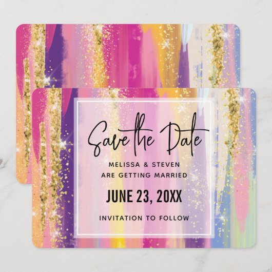 Kleurrijke regenboogstrips met Faux Gold Glitter Save The Date (Voorkant / Achterkant)