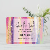 Kleurrijke regenboogstrips met Faux Gold Glitter Save The Date (Staand voorkant)