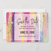 Kleurrijke regenboogstrips met Faux Gold Glitter Save The Date (Voorkant)