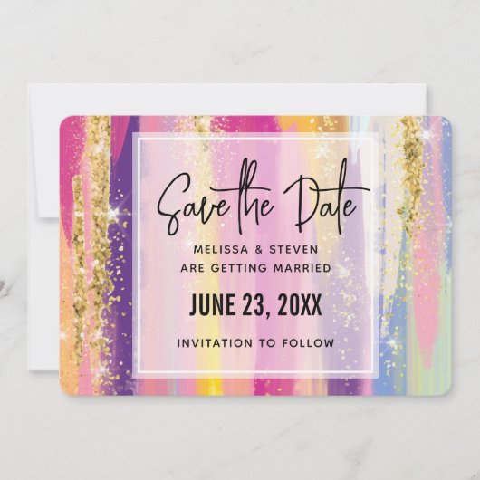 Kleurrijke regenboogstrips met Faux Gold Glitter Save The Date (Voorkant)
