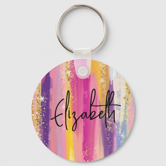 Kleurrijke regenboogstrips met Faux Gold Glitter Sleutelhanger (Voorkant)