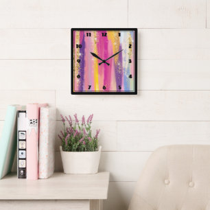 Kleurrijke regenboogstrips met Faux Gold Glitter Vierkante Klok