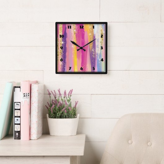 Kleurrijke regenboogstrips met Faux Gold Glitter Vierkante Klok (Leeskamer)