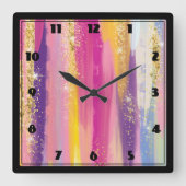 Kleurrijke regenboogstrips met Faux Gold Glitter Vierkante Klok (Voorkant)