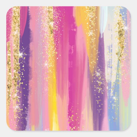 Kleurrijke regenboogstrips met Faux Gold Glitter Vierkante Sticker (Voorkant)