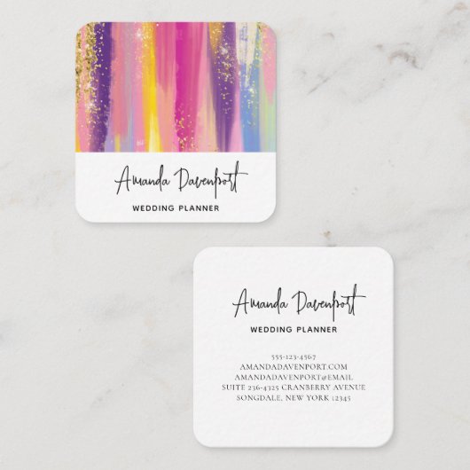 Kleurrijke regenboogstrips met Faux Gold Glitter Vierkante Visitekaartje (Voorkant / Achterkant)