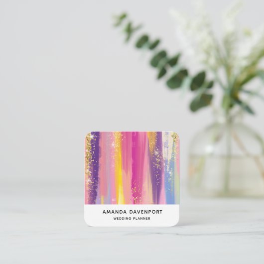 Kleurrijke regenboogstrips met Faux Gold Glitter Vierkante Visitekaartje (Staand voorkant)
