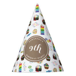 Kleurrijke regenboogtaart strooit verjaardagsfeest feesthoedjes