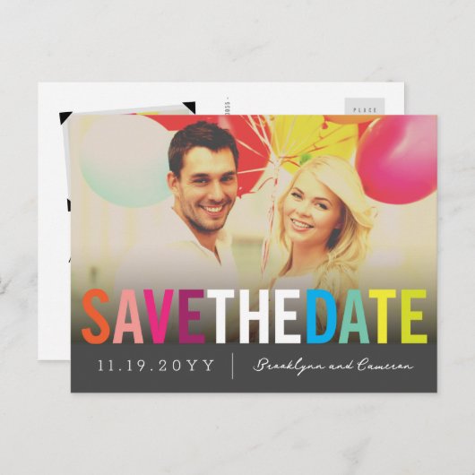 Kleurrijke regenboogtekst Sla het Briefkaart Datum (Voorkant / Achterkant)