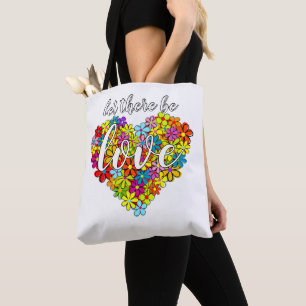 Kleurrijke regenboogvlagkleuren bloemhartpatroon tote bag